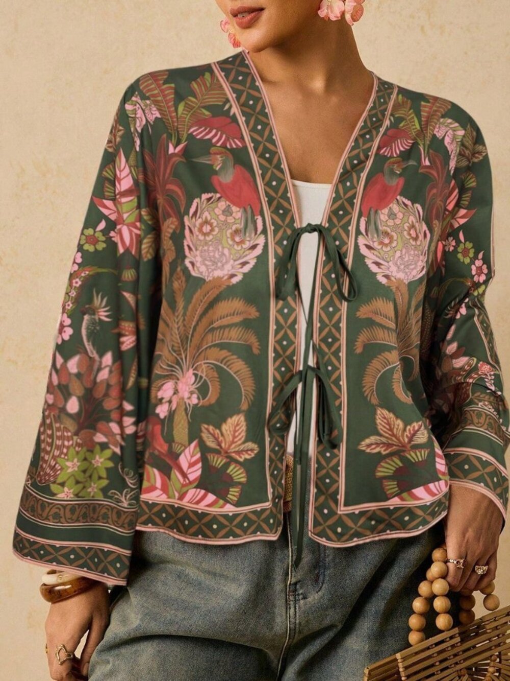Dark Green Boho Women's Plus Size Vacation Plant Print Front Tie Shirt - Picture 6 of 6
